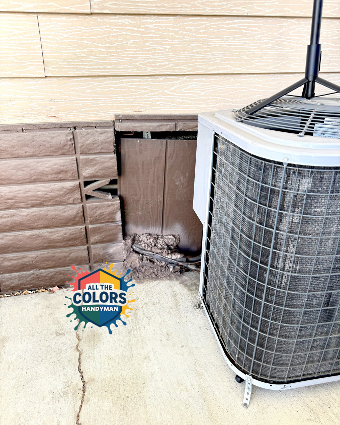 Interior photo of a patio door with curtains in front of it. A sheer grey-patterned curtain hangs closest to the door. It's mostly covered by a light blue blackout curtain. Both curtains are just kissing the floor. It looks neater than before.